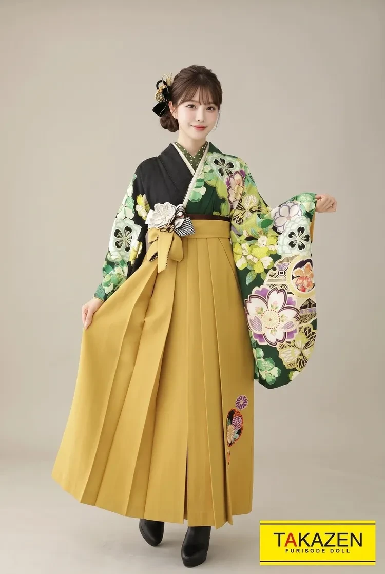 TAKAZENのレンタル袴 正統派古典 グリーン(緑色)/黄 今田美桜ブランド袴 人気 清楚 綺麗【通販可】K22039