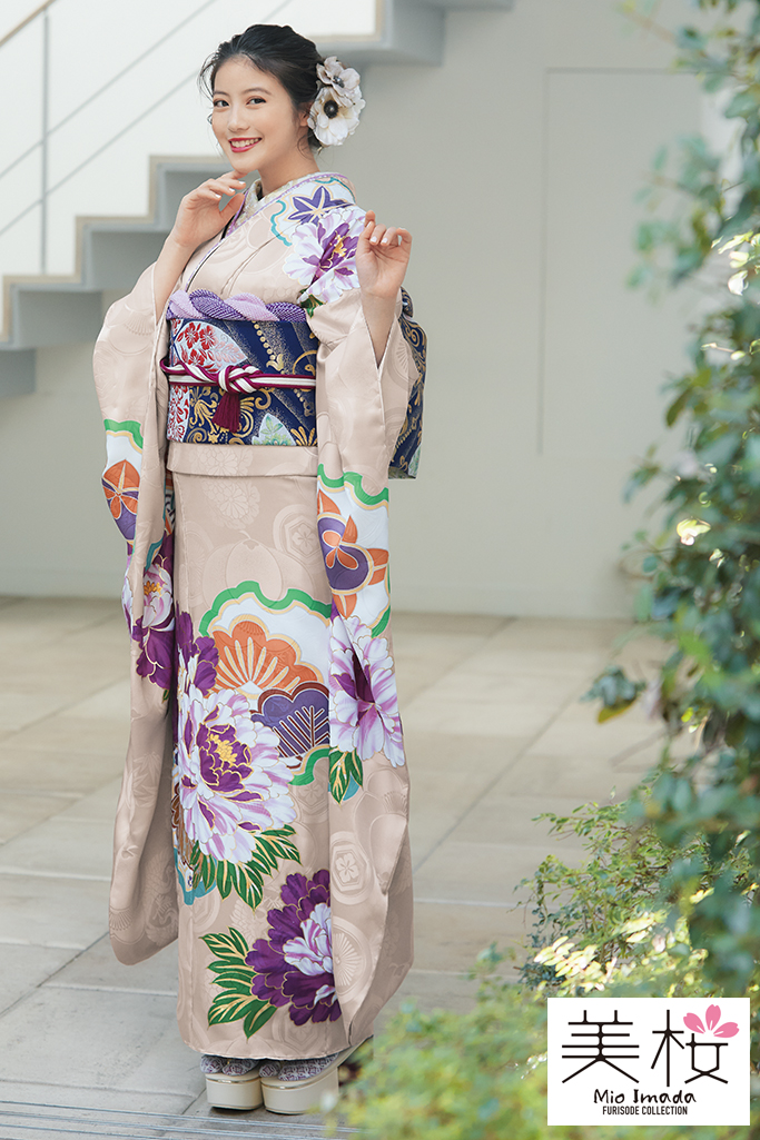 今田美桜着用　流行りのくすみ系かわいい古典(大柄)　ベージュ/紫　K305