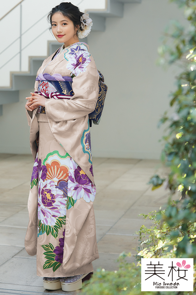 今田美桜着用　流行りのくすみ系かわいい古典(大柄)　ベージュ/紫　K305