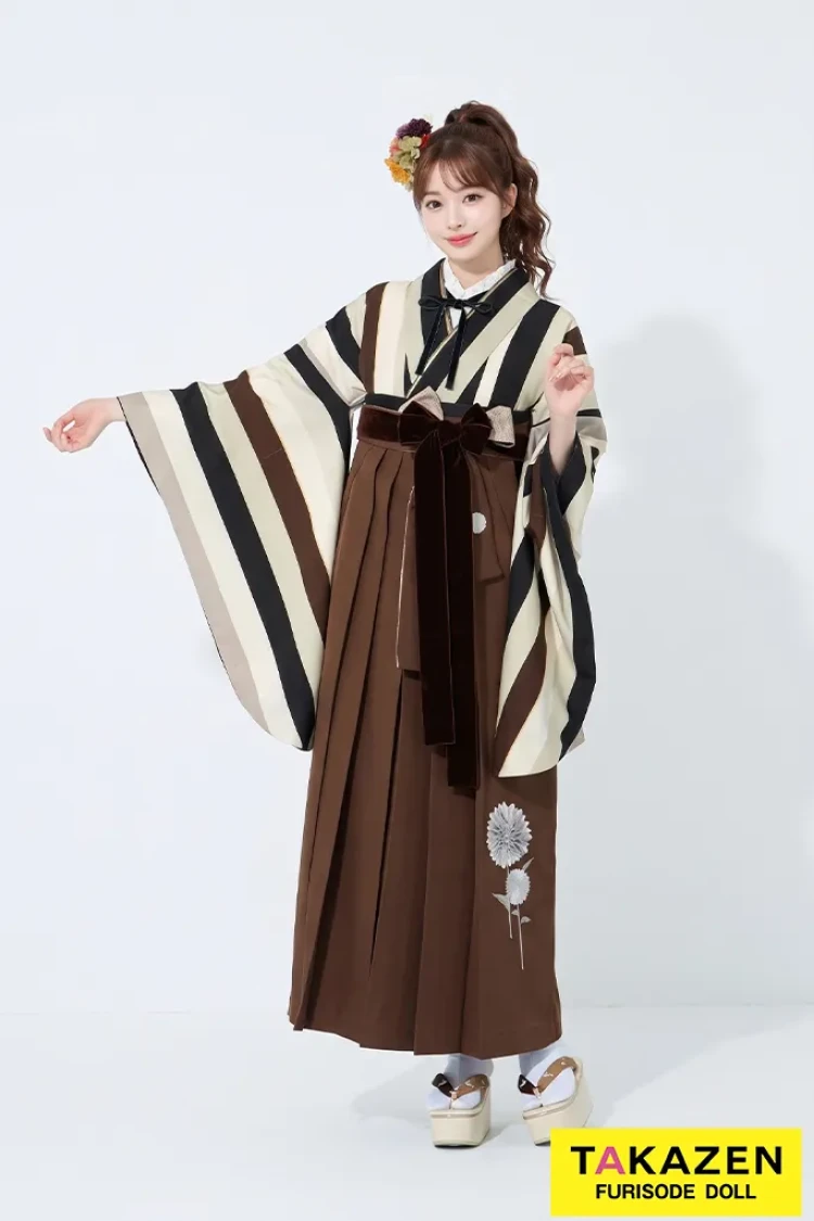 TAKAZENのレンタル袴 玉城ティナ×紅一点ブランド袴 くすみ/黒/茶/アイボリー ストライプ 今どきレトロ おしゃれ かわいい 【通販可】R22022