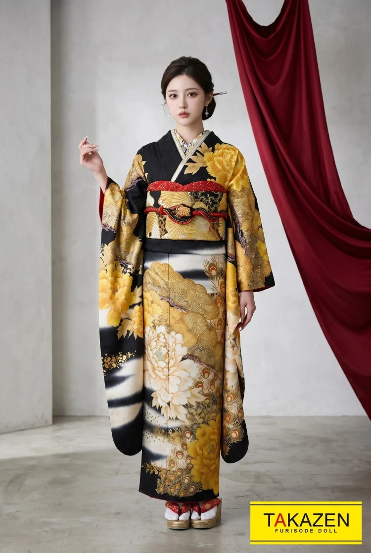 TAKAZENのレンタル振袖 ジャパンモード　黒/黄　牡丹柄　花魁風　渋い　派手　かっこいい　ギャル系振袖　中村りおん【通販可】G21