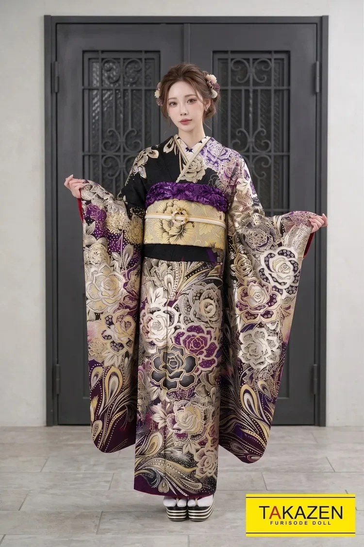 TAKAZENのレンタル振袖 モード 紫/シルバー(銀色) 薔薇柄 派手 かっこいい振袖 グラマラス系 スパンコール付き 一番目立つ ゴージャス 【通販可】G29