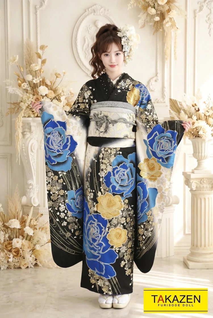 TAKAZENのレンタル振袖 ヘップバーン　ブルー(青)/黒/ゴールド　バラ柄　ベルベット素材　豪華　人気　高級エレガント振袖　スワロフスキー付き【通販可】G30