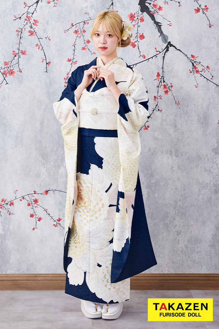 TAKAZENのレンタル振袖 激安お得！正統派古典　青/紺/白　菊柄/大柄　シンプル　清楚　かわいい古典振袖　大人っぽい　人気【通販可】G32