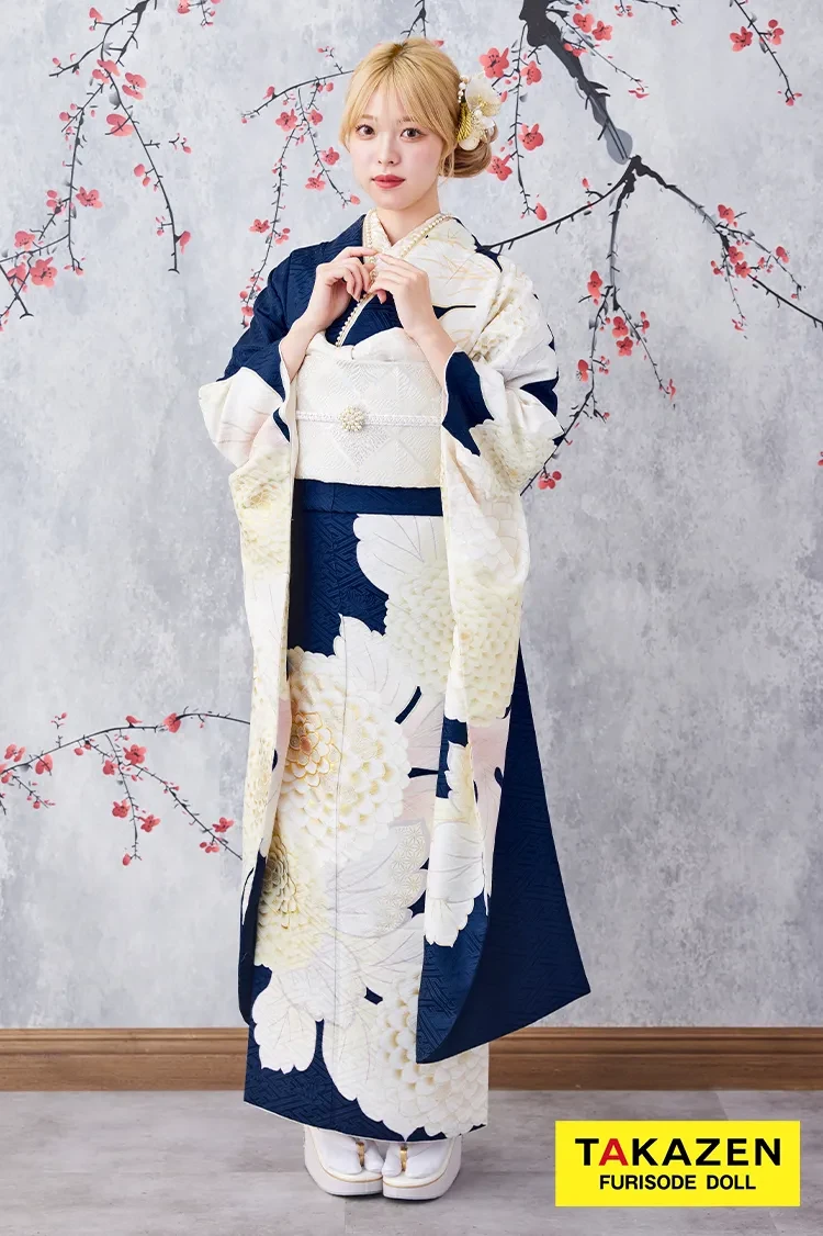 TAKAZENのレンタル振袖 激安お得!正統派古典 青/紺/白 菊柄/大柄 シンプル 清楚 かわいい古典振袖 大人っぽい 人気【通販可】G32