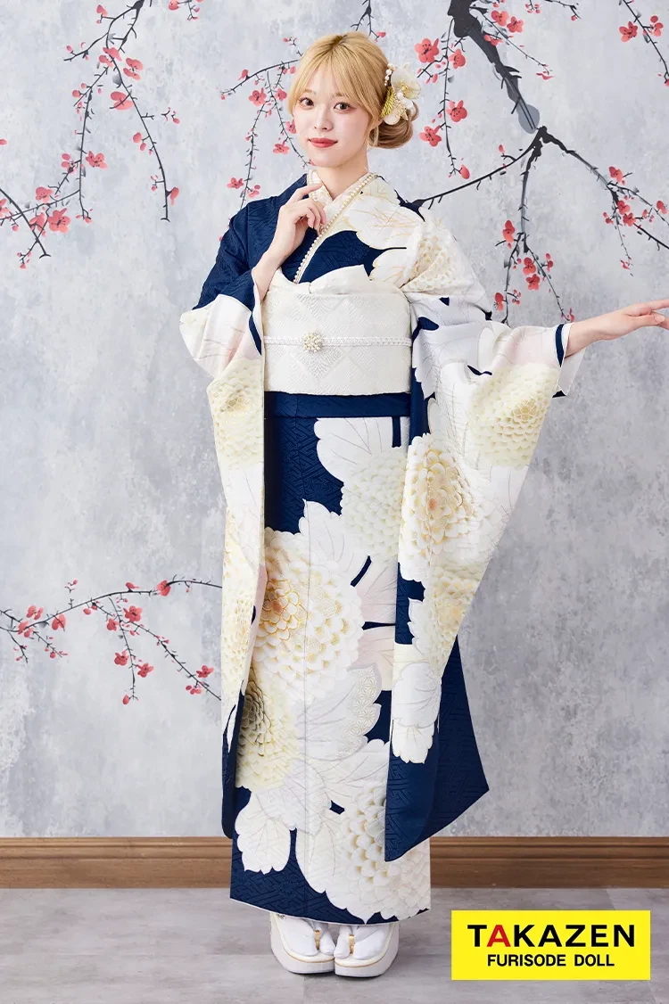 TAKAZENのレンタル振袖 激安お得！正統派古典　青/紺/白　菊柄/大柄　シンプル　清楚　かわいい古典振袖　大人っぽい　人気【通販可】G32