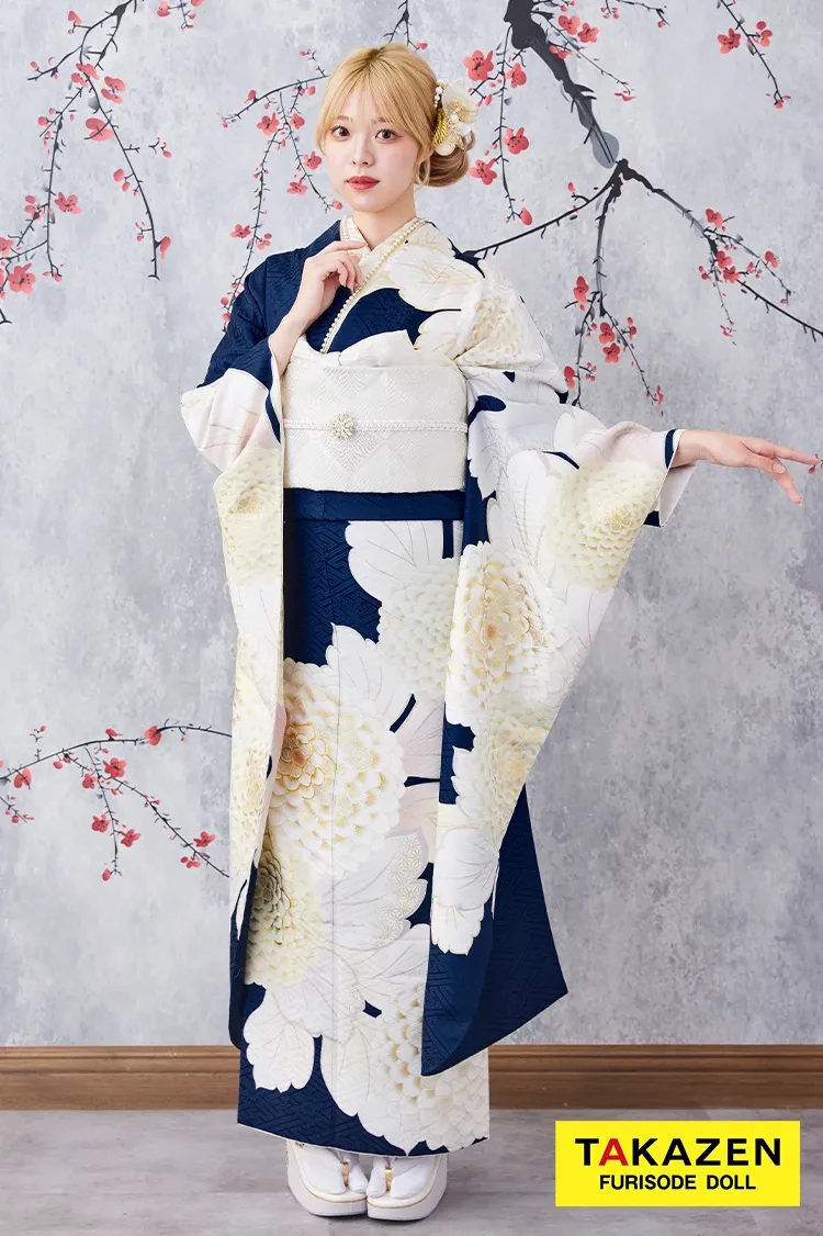 TAKAZENのレンタル振袖 激安お得！正統派古典　青/紺/白　菊柄/大柄　シンプル　清楚　かわいい古典振袖　大人っぽい　人気【通販可】G32