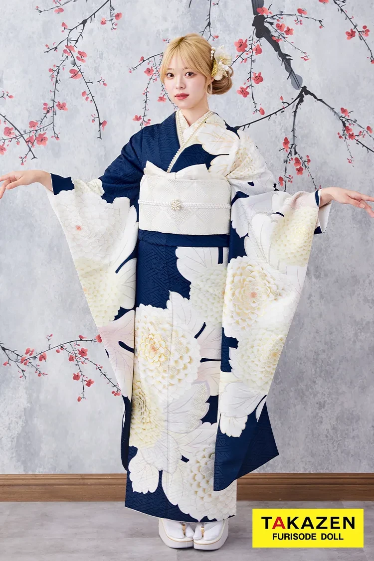 TAKAZENのレンタル振袖 激安お得！正統派古典　青/紺/白　菊柄/大柄　シンプル　清楚　かわいい古典振袖　大人っぽい　人気【通販可】G32