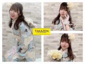 TAKAZEN　タカゼン　レトロ　水色　　可愛い　ふわふわ　振袖　成人式　レンタル　レース