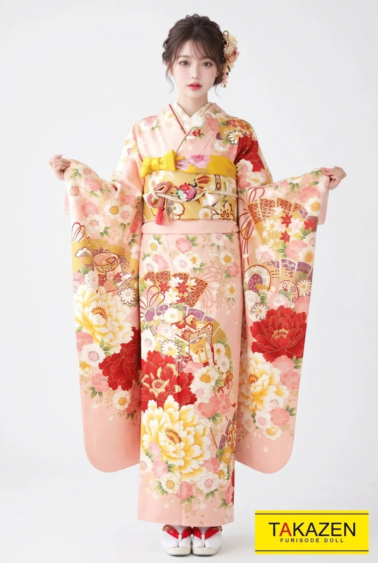 TAKAZENのレンタル振袖 正統派古典 ピンク/赤 牡丹柄/大柄 おしとやか かわいい古典振袖 上品 清楚 高身長さんにもおすすめ【通販可】G36