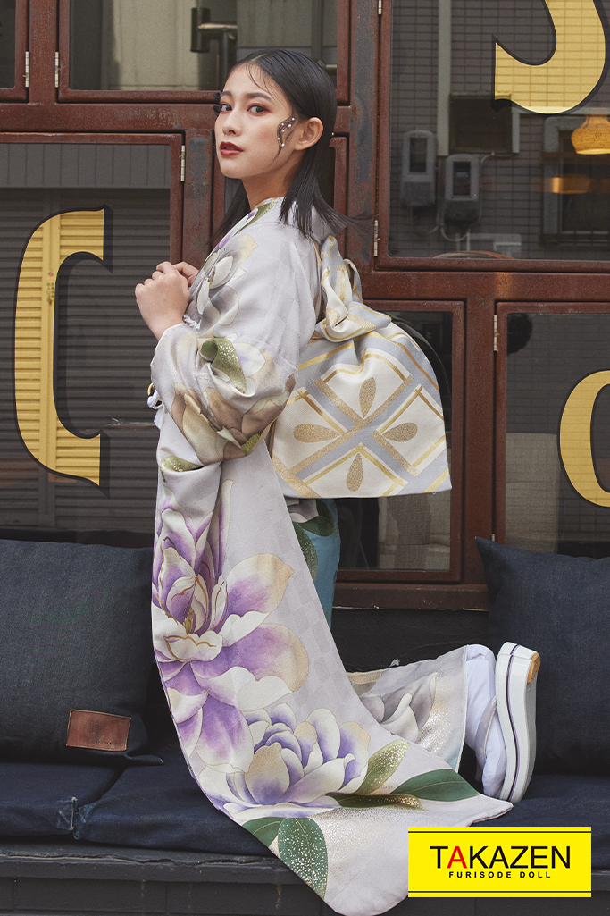 おしゃれくすみ系ヴィンテージ振袖 個性的蓮柄 紫 ブルー 水色 K354 成人式振袖 卒業式袴レンタル 前撮りなら Takazen 大阪 梅田 心斎橋 堺 兵庫 神戸 奈良の店舗へ