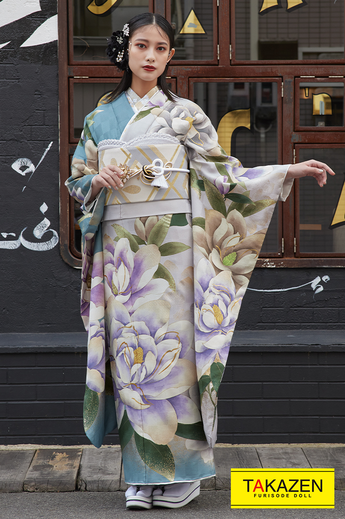 おしゃれくすみ系ヴィンテージ振袖 個性的蓮柄 紫 ブルー 水色 K354 成人式振袖 卒業式 袴レンタル 前撮りなら Takazen 大阪 梅田 心斎橋 堺 兵庫 神戸 奈良の店舗へ