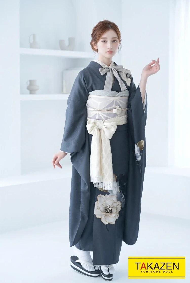TAKAZENのレンタル振袖 ヴィンテージスタイル グレー ワンポイント柄/バラ柄 シンプル振袖 大人っぽい ダスティーカラー ブーツスタイル 玉城ティナ×紅一点【通販可】YK215