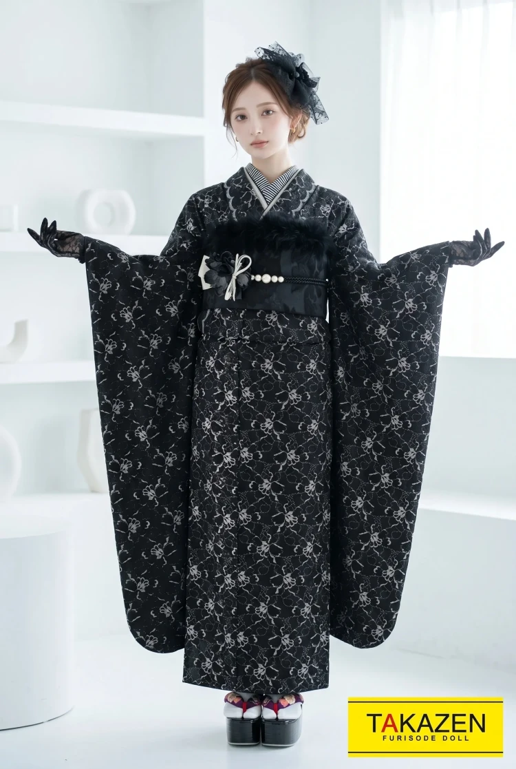 TAKAZENのレンタル振袖 ヴィンテージスタイル 黒/ブラック 総レース おしゃれ 今どきスタイル レース小物 オールブラック 量産型【通販可】YK217
