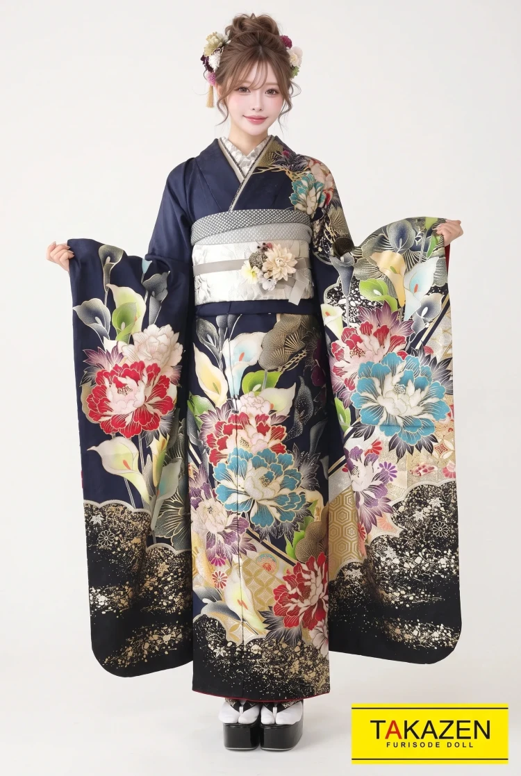 TAKAZENのレンタル振袖 グラマラス系 紺/ネイビー 牡丹柄 派手 ギャル振袖 モード 豪華金彩加工 煌びやか【通販可】YK220
