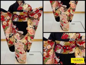 TAKAZEN　タカゼン　黒色　振袖　成人式　レンタル　古典柄　鶴　赤　豪華　三宮　神戸　元町