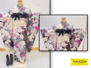 TAKAZEN　タカゼン　モード　黒色　派手　キラキラ　振袖　成人式　レンタル　イマドキ　流行り　シンプル