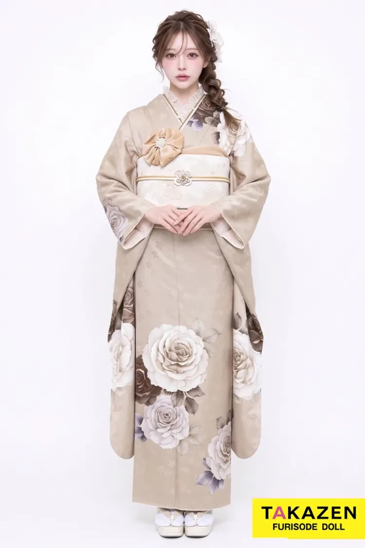 TAKAZENのレンタル振袖 格安くすみカラーガーリー ベージュ バラ柄 シンプル すっきり ワンポイント おしゃれ【通販可】23005