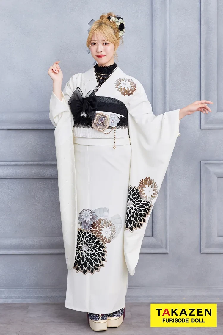 TAKAZENのレンタル振袖 安い！玉城ティナ×紅一点ブランド振袖　白/ホワイト　すっきり柄/ワンポイント柄　シンプル　大人っぽい　【通販可】23018