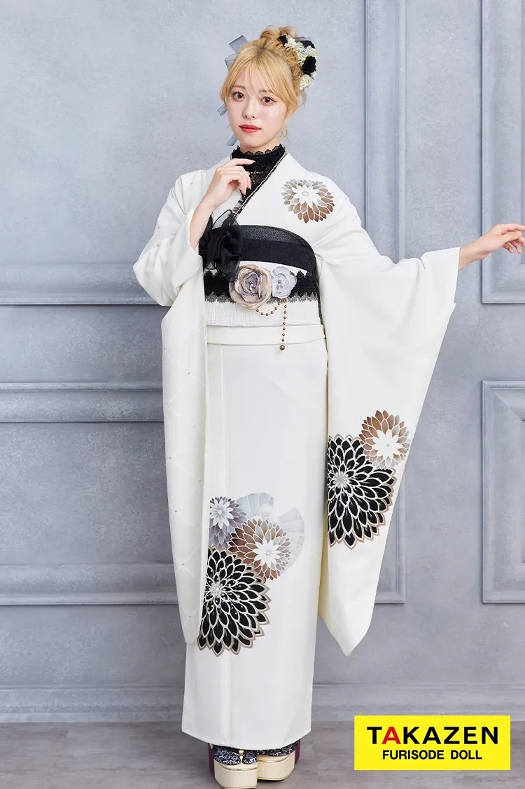 TAKAZENのレンタル振袖 安い!玉城ティナ×紅一点ブランド振袖 白/ホワイト すっきり柄/ワンポイント柄 シンプル 大人っぽい 【通販可】23018