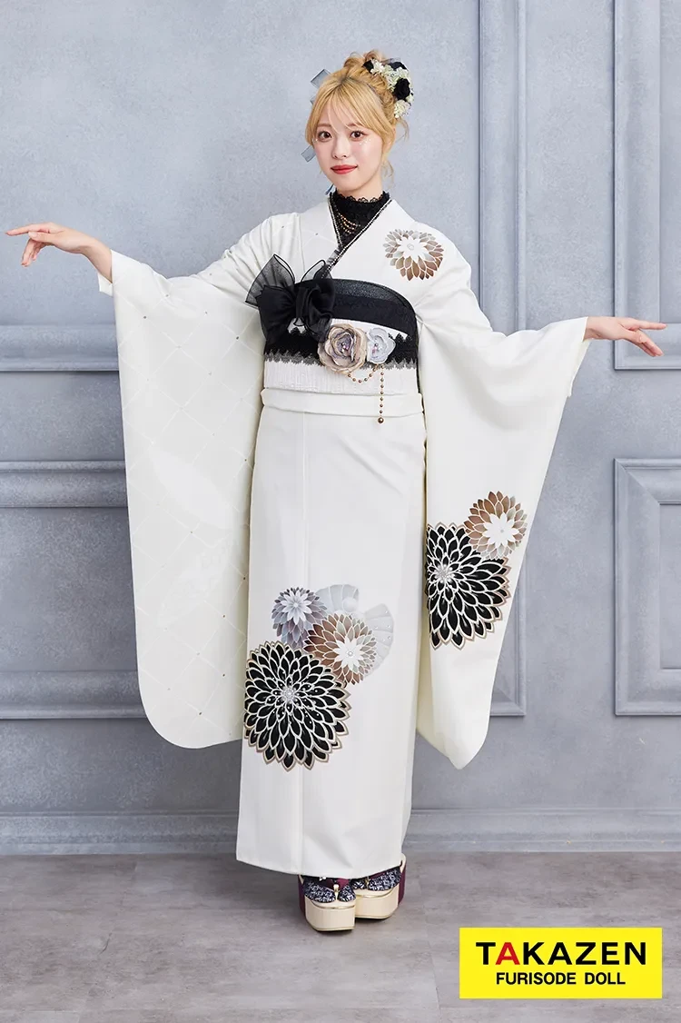 TAKAZENのレンタル振袖 安い！玉城ティナ×紅一点ブランド振袖　白/ホワイト　すっきり柄/ワンポイント柄　シンプル　大人っぽい　【通販可】23018