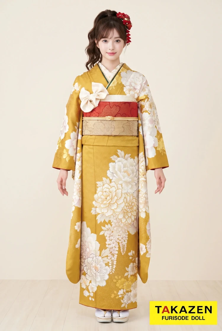 TAKAZENのレンタル振袖 正統派古典 マスタード/からし ボタン柄/藤の花柄 ヴィンテージスタイル 假屋崎省吾ブランド 大人っぽい【通販可】23030