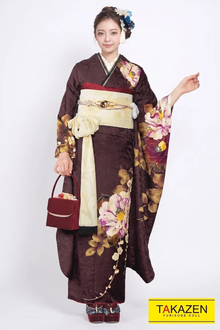 TAKAZENのレンタル振袖 レトロ ブラウン(茶)ツバキ柄/ワンポイント柄 シック振袖 大人っぽい ヴィンテージスタイル 柄少なめ しごきコーデ【通販可】23040