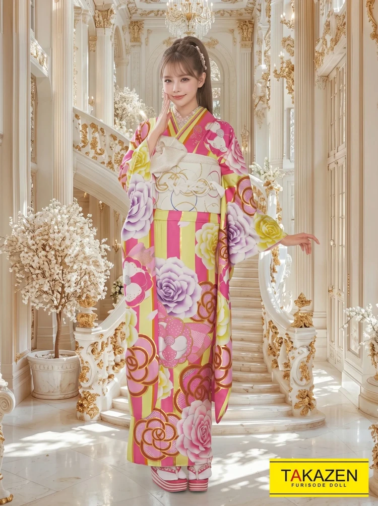 TAKAZENのレンタル振袖 ヘップバーン　ピンク/黄色　カメリア柄　お洒落な洋風振袖　ブーツコーデ　かわいい　キラキラスワロフスキー付き【通販可】29004