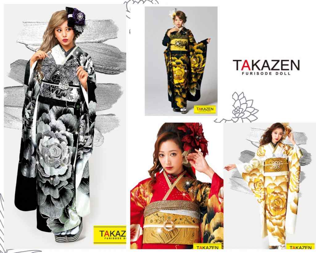 TAKAZEN　タカゼン　モード　黒色　青色　派手　キラキラ　振袖　成人式　レンタル