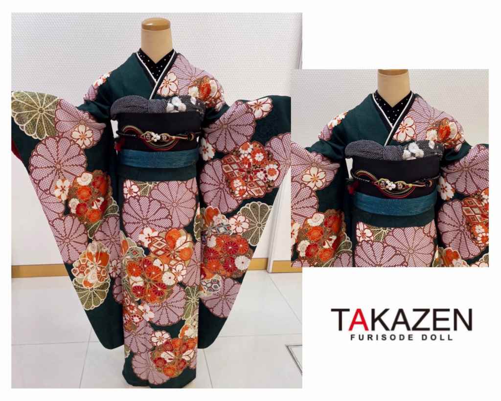TAKAZEN　タカゼン　モード　黒色　青色　派手　キラキラ　振袖　成人式　レンタル