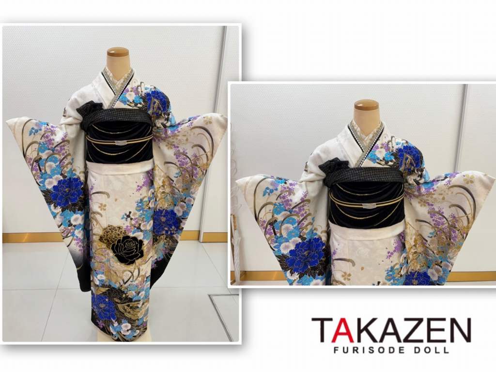 TAKAZEN　タカゼン　モード　黒色　青色　派手　キラキラ　振袖　成人式　レンタル