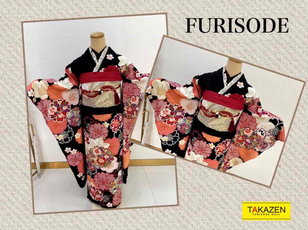 TAKAZEN　タカゼン　黒　古典　シンプル　コーディネート　フリル　振袖　成人式　レンタル