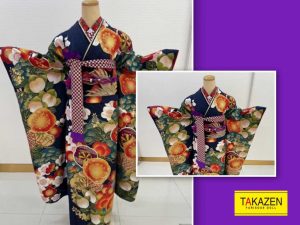 TAKAZEN　タカゼン　レトロ　紺色　古典　ポップ　振袖　成人式　レンタル