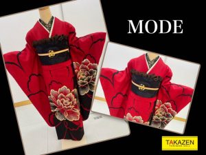 TAKAZEN　タカゼン　モード　黒色　赤色　派手　　シンプル　キラキラ　振袖　成人式　レンタル