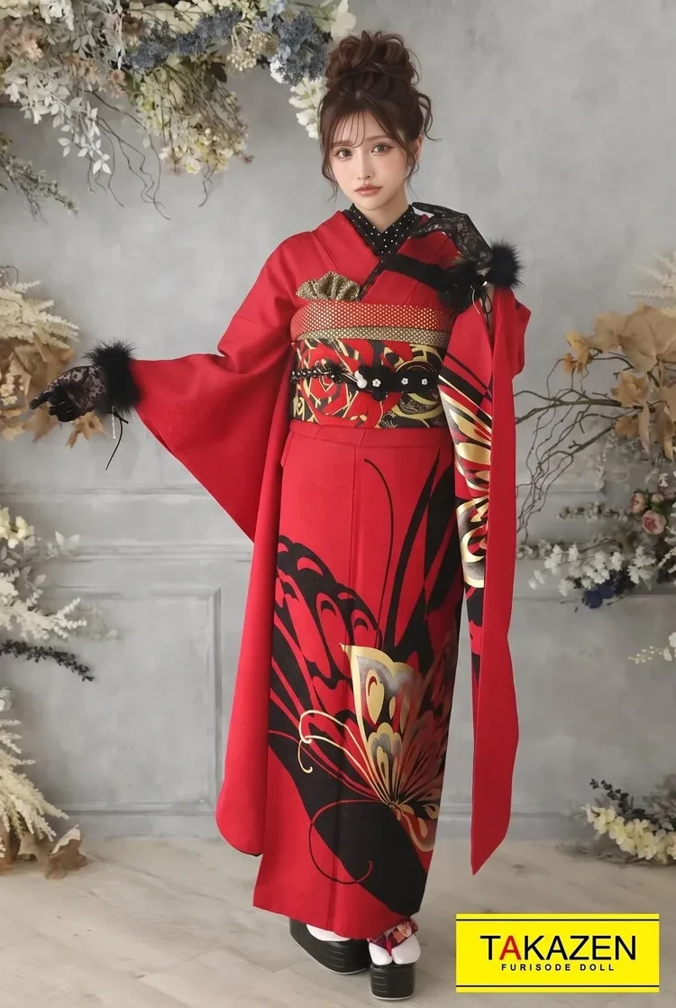 TAKAZENのレンタル振袖 激安モード 赤/黒 蝶々柄 ワンポイント/大柄 シンプル振袖 かっこいい クール系【通販可】 24075
