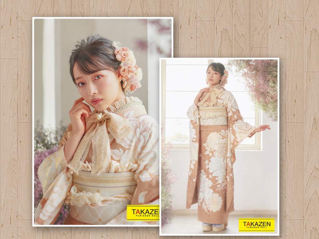 TAKAZEN　タカゼン　淡色　ベージュ　牡丹　白　リボン　振袖　成人式　レンタル