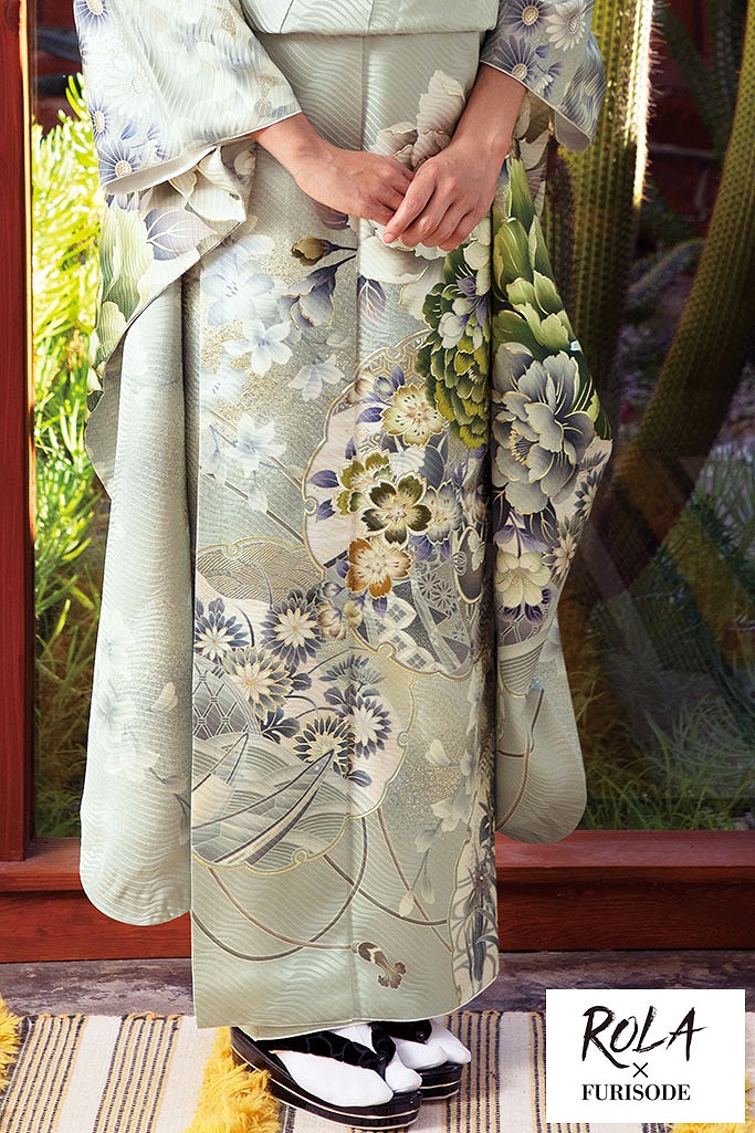 TAKAZENのレンタル振袖 ローラ振袖　くすみグリーン/くすみカラー/ニュアンスカラー　品のある/古典/淡い/可愛い【通販可】K434