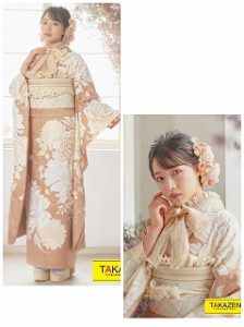 ベージュ　フリル　振袖レンタル