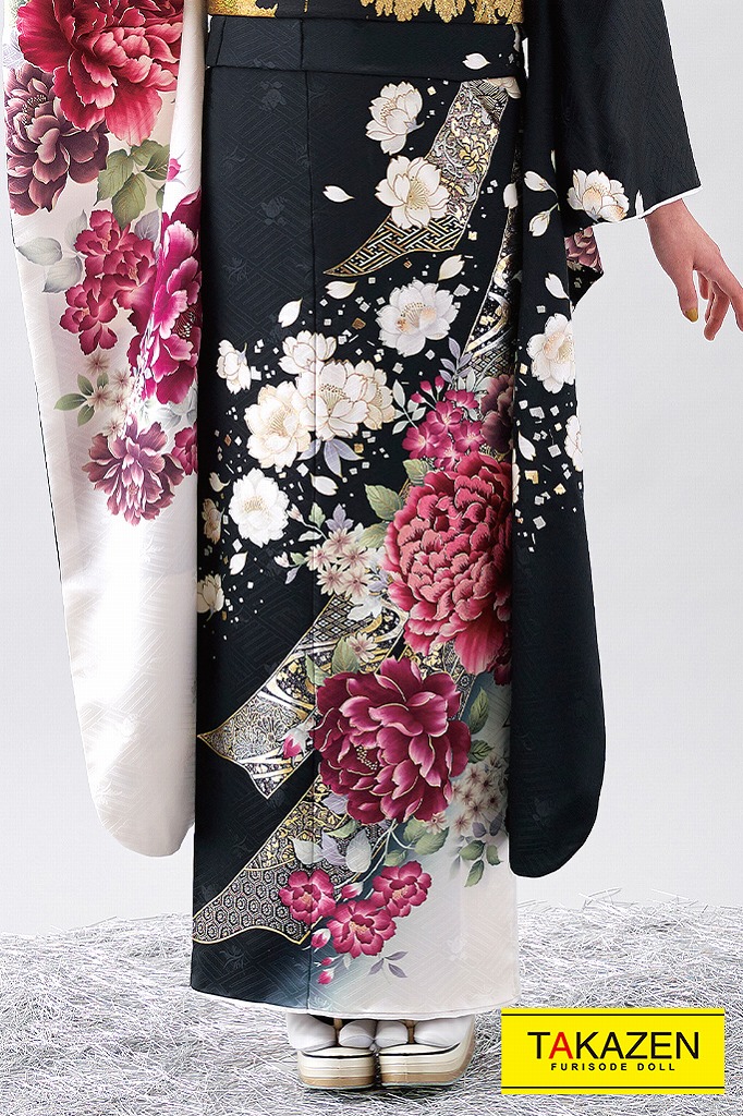 今どきおしゃれ古典 アシンメトリー 黒 白 ピンク K423 通販可 成人式振袖 卒業式袴レンタル 前撮りなら Takazen 大阪 梅田 心斎橋 堺 兵庫 神戸三宮 奈良の店舗へ