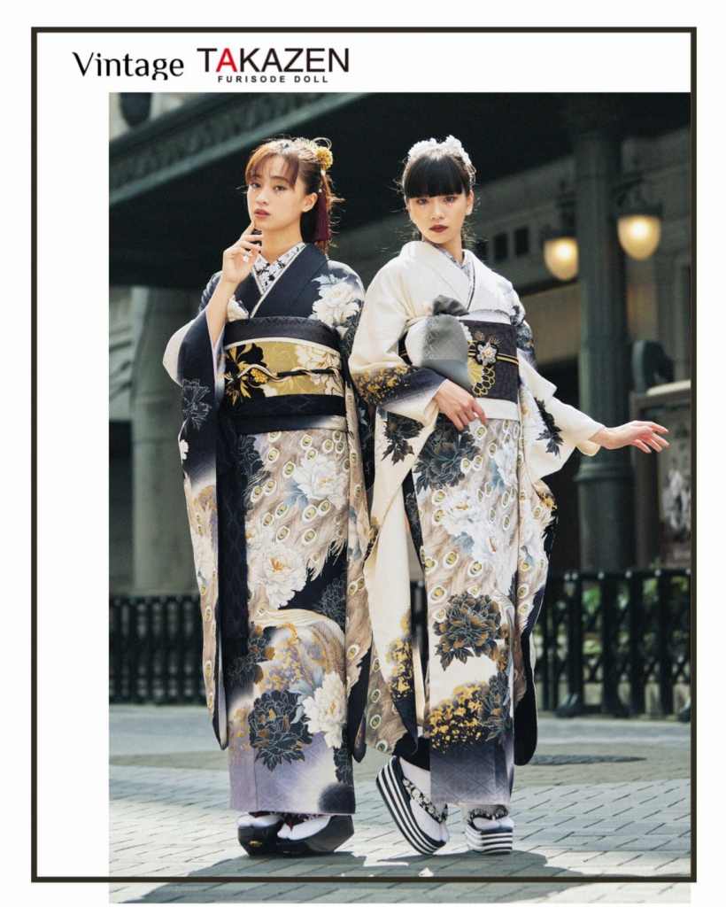 TAKAZEN　タカゼン　モード　黒色　青色　派手　キラキラ　振袖　成人式　レンタル