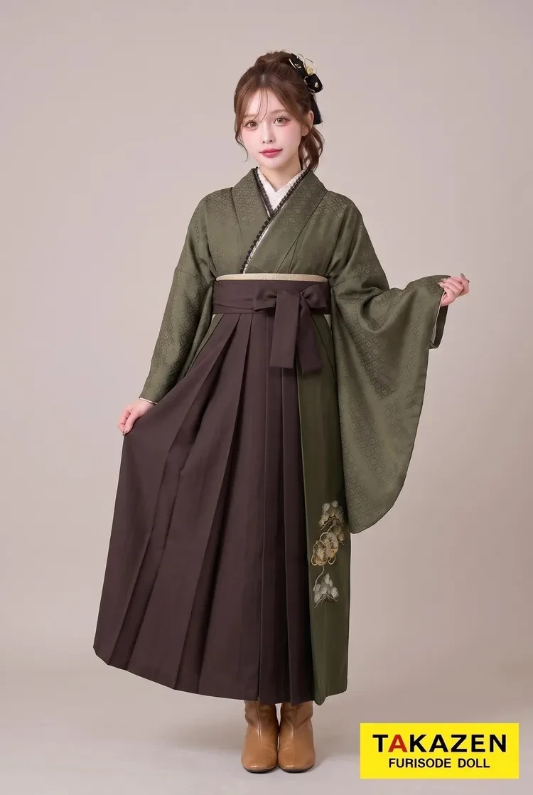 TAKAZENのレンタル袴 正統派古典 深緑/抹茶色 無地 シンプル 大人っぽい シック おしゃれ ブーツスタイル【通販可】K23001
