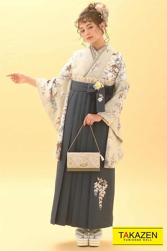 TAKAZENのレンタル袴 人気量産型ダスティーカラー(淡色コーデ)　くすみグレー　K23003【通販可】