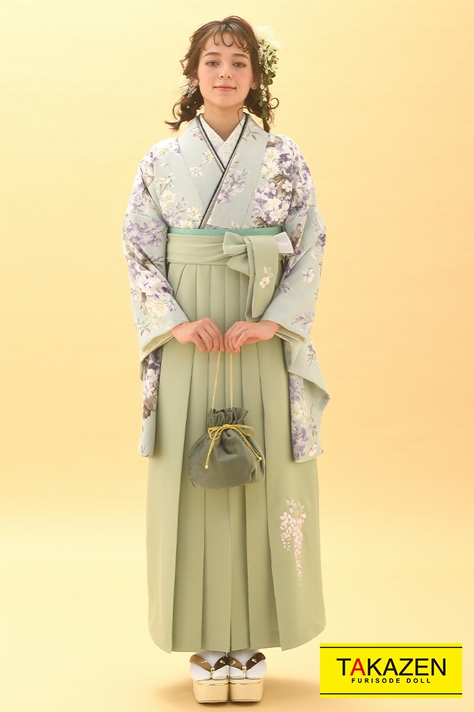 TAKAZENのレンタル袴 上品かわいいくすみ色(ボタニカルフラワー)　薄水色　K23005【通販可】