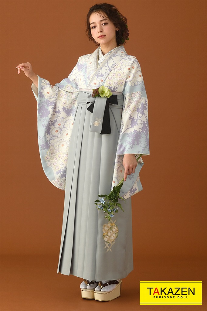 TAKAZENのレンタル袴 最新くすみカラー小花(かわいい淡い色)　水色/白　K23006【通販可】