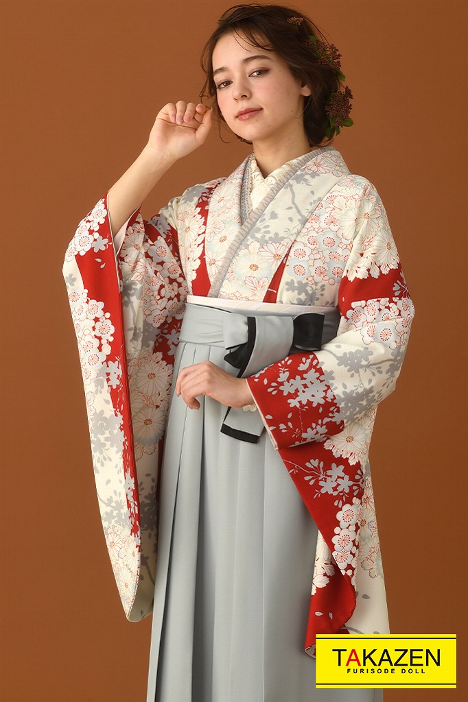 TAKAZENのレンタル袴 正統派古典　赤/白　小花　柄多め　お洒落　【通販可】K23007