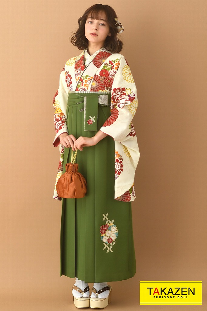 TAKAZENのレンタル袴 正統派古典　クリーム/オレンジ　菊柄　大人っぽい　清楚【通販可】K23011