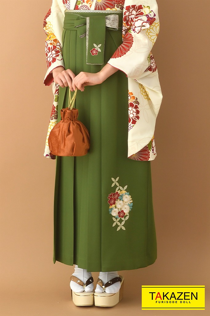 TAKAZENのレンタル袴 正統派古典　クリーム/オレンジ　菊柄　大人っぽい　清楚【通販可】K23011