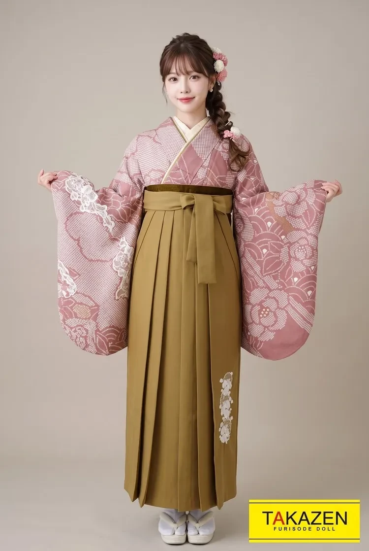 TAKAZENのレンタル袴 正統派古典　くすみピンク/スモーキーカラー　鹿の子模様　大人っぽい着こなし【通販可】K23013