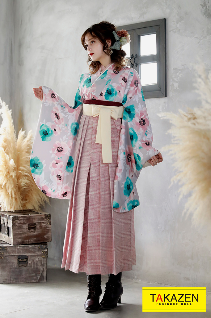 TAKAZENのレンタル袴 量産型かわいい系(ふんわり淡色)　くすみピンク/水色　K23029【通販可】