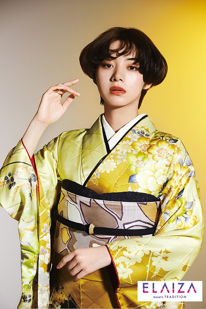 TAKAZENのレンタル振袖 池田エライザ振袖　黄色/からし　華やか/目立つ/ヴィンテージ/個性的/可愛い【通販可】K451
